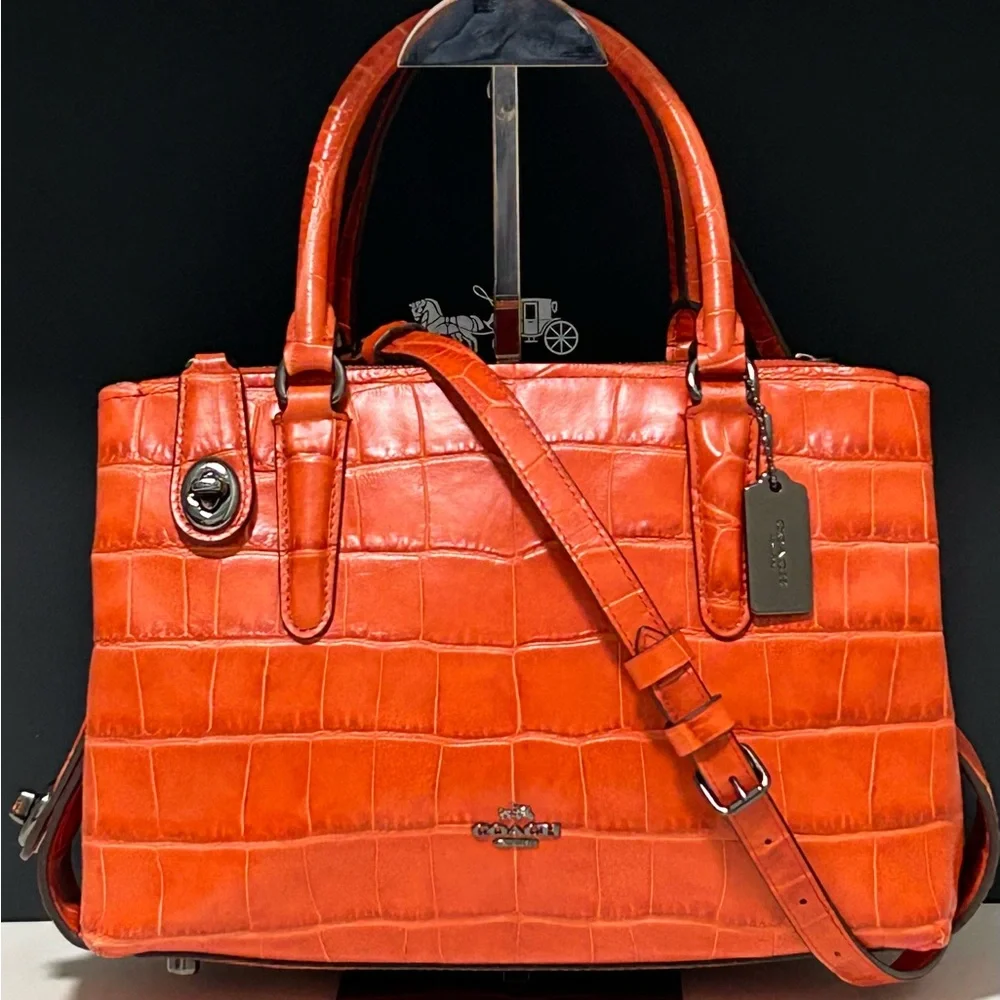 COACH Brooklyn 28 Leather Croc Embossed Satchel/Crossbody Bag in Deep Coral